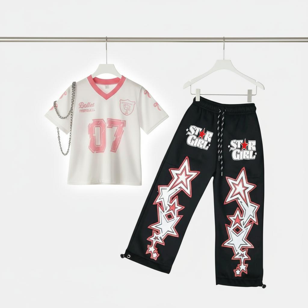 Setelan Anak Streetwear Star Girl Trendi Kaos Jersey V-neck Sporty Putih + Celana Bintang Panjang Sk