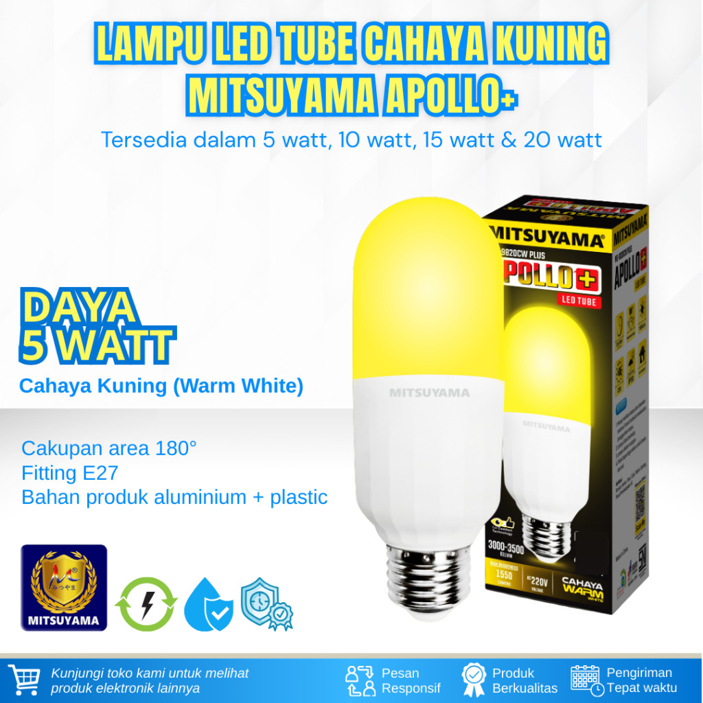 LAMPU LED TUBE APOLLO 5 WATT CAHAYA WARM WHITE LAMPU TUBE LED WARNA KUNING LAMPU TABUNG LED 5 WATT