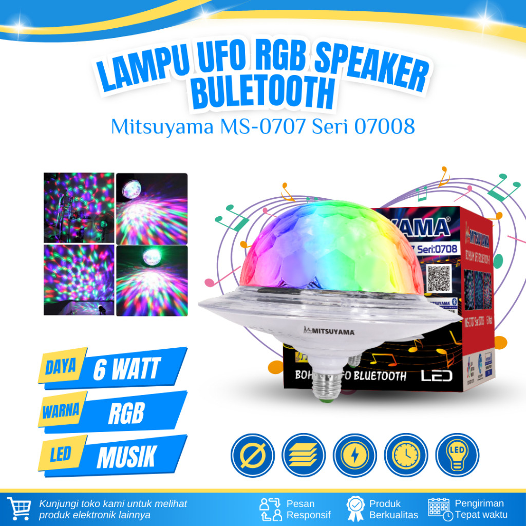 Lampu Led Speaker Bluetooth UFO Lampu Disco 6 watt Mitsuyama MS-0708 pakai remote lampu dekirasi led