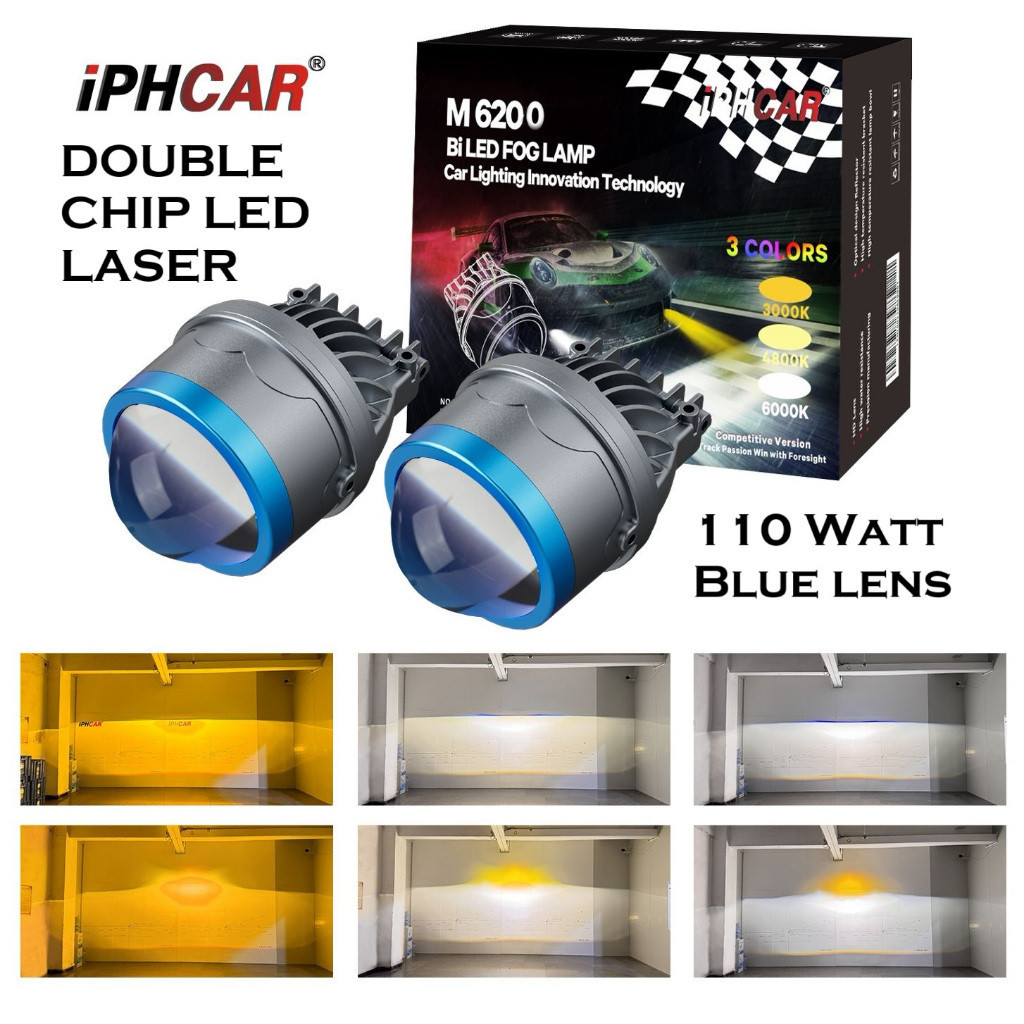 Lampu BILED Foglamp M6200 Iphcar Double Emitter Chip Laser Bi Led Projector Lens BlueLens Fog Lamp P