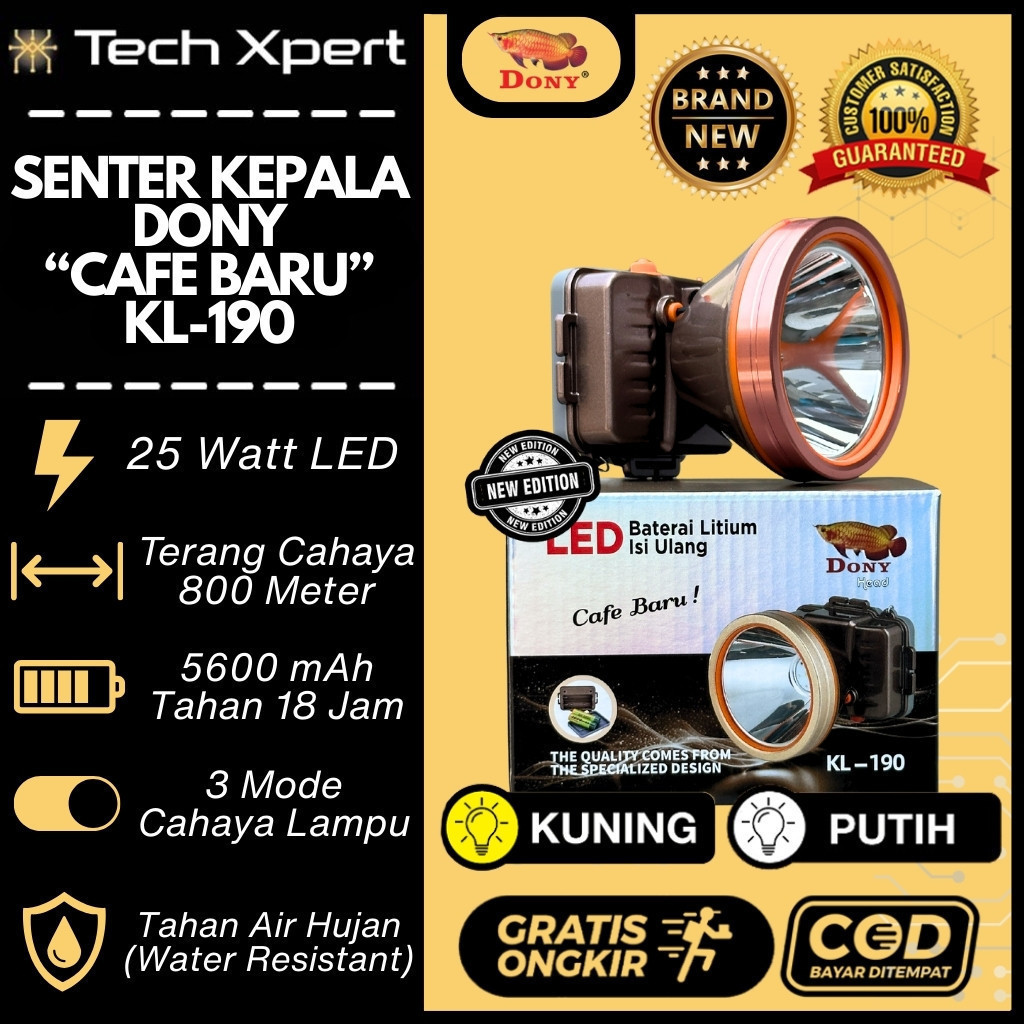SENTER KEPALA DONY KL-190 | LED 25 W 3 MODE | TERANG | CAHAYA PUTIH & KUNING | ANTI AIR | TAHAN LAMA