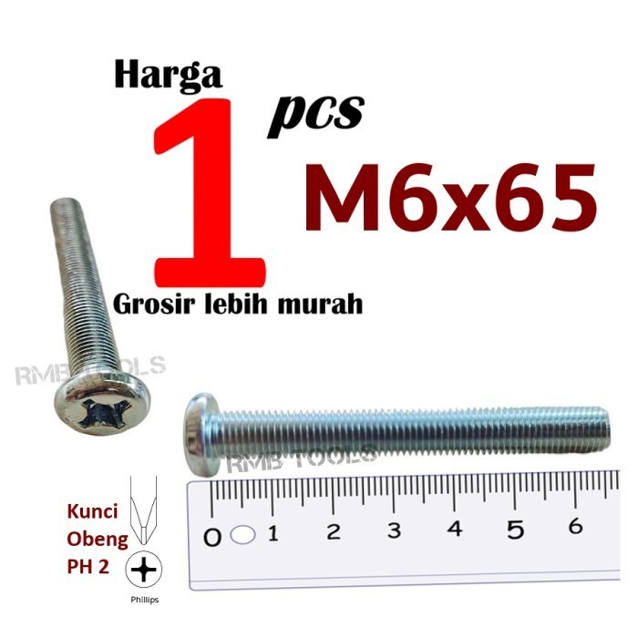 Baut JP M6x65 Putih Obeng Plus Pentol Pan Machine Screw M6