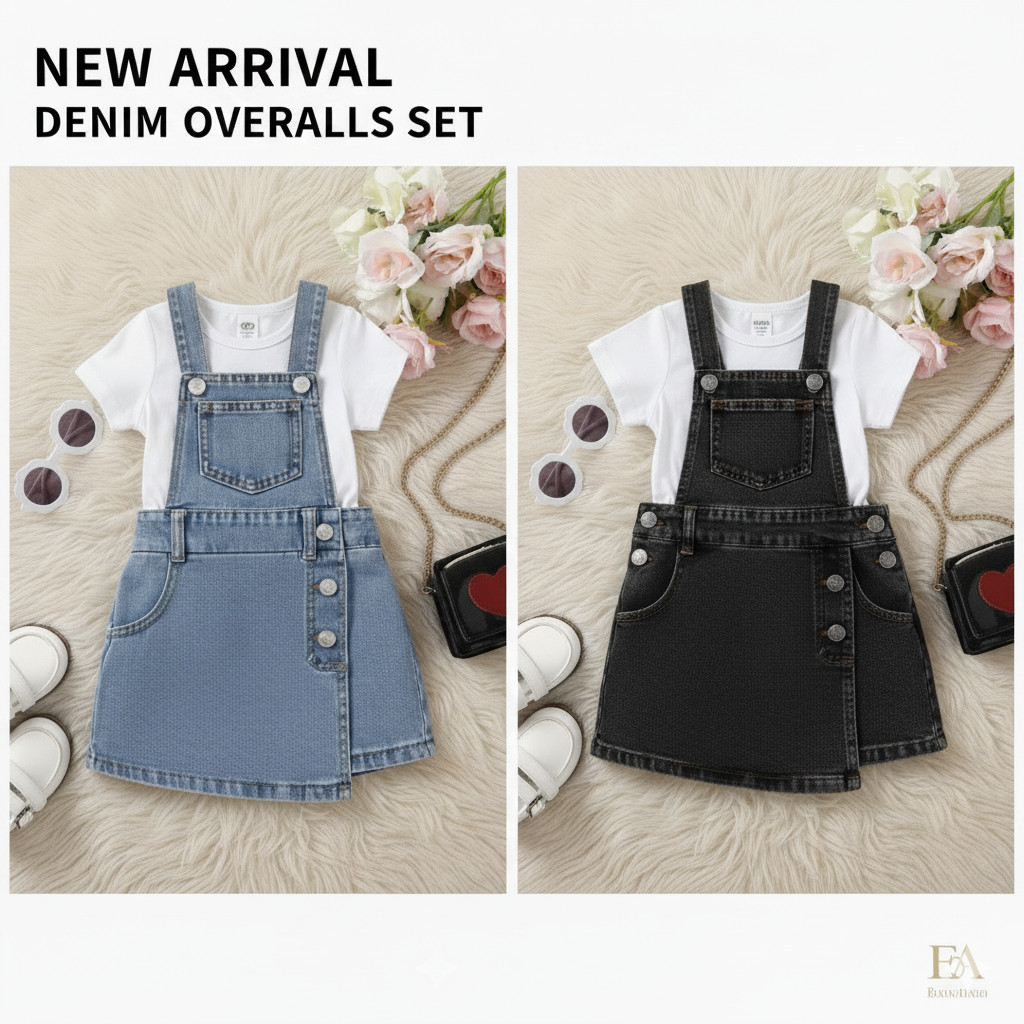 SETELAN Overall Rok Denim Anak Perempuan + Kaos Putih Baju Kodok Mini Skirt Jeans Korea 1-7 Tahun (2