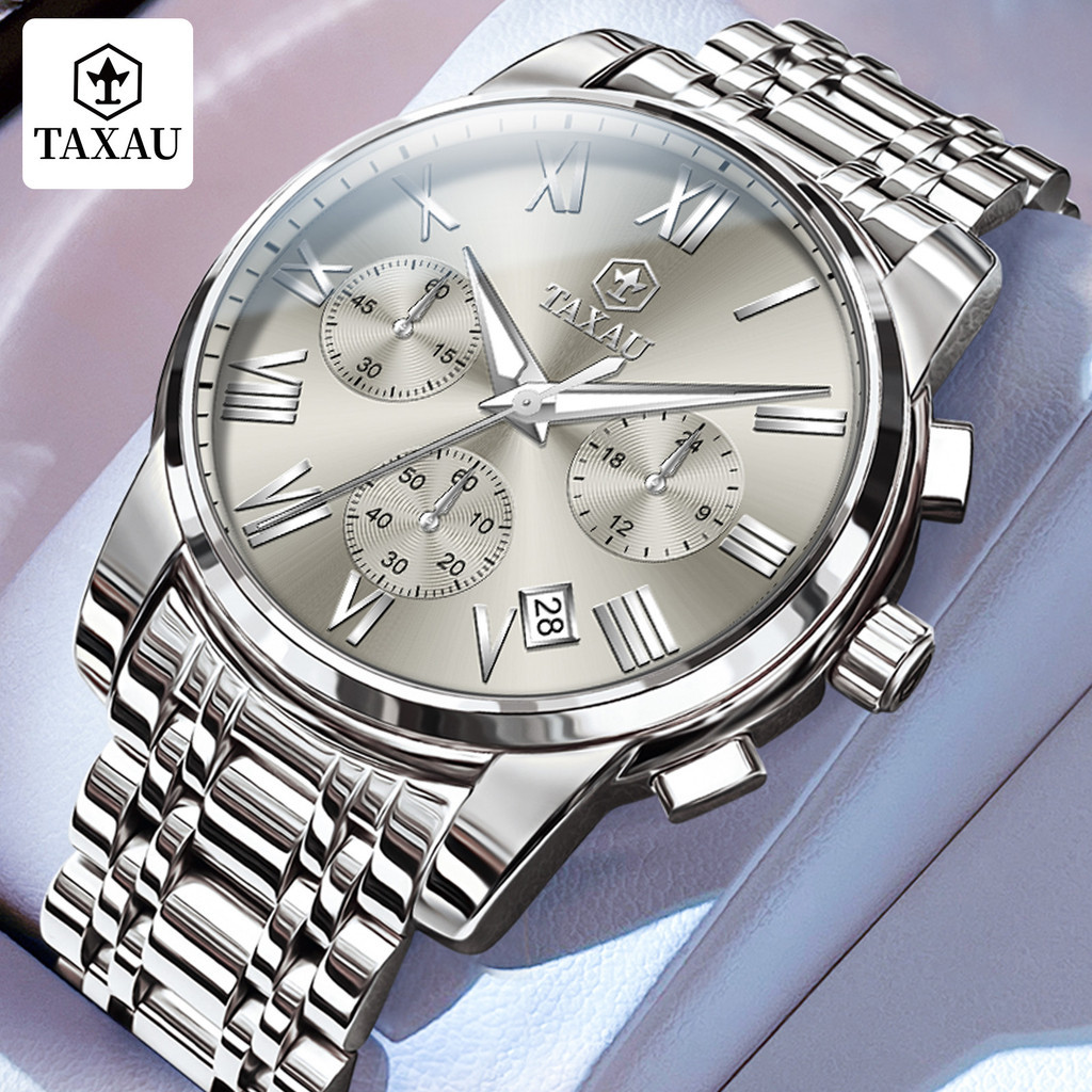 TAXAU Jam Tangan Pria Original 100% Stainless Steel Strap Jam Tangan Laki-Laki Analog Anti Air Quart