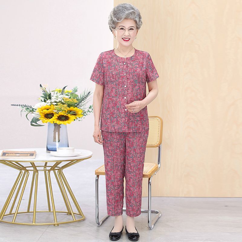 Kemeja Lengan Pendek Setelan Musim Panas untuk Nenek - Bahan Tipis, Warna Cerah