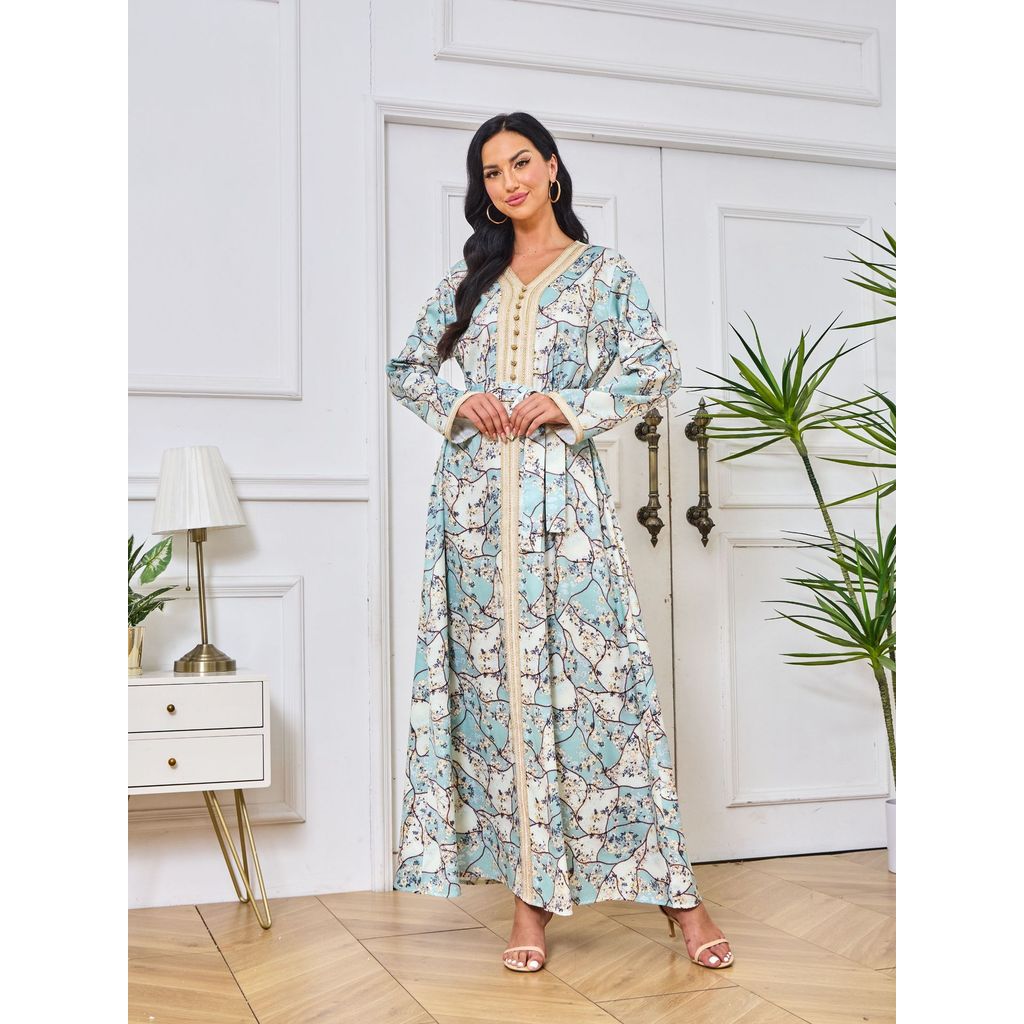 <a>Gaun Abaya Dubai Cetak Bordir Rhinestone Seri Kerajinan Pakaian Wanita Panjang Grosir Pabrik<b></