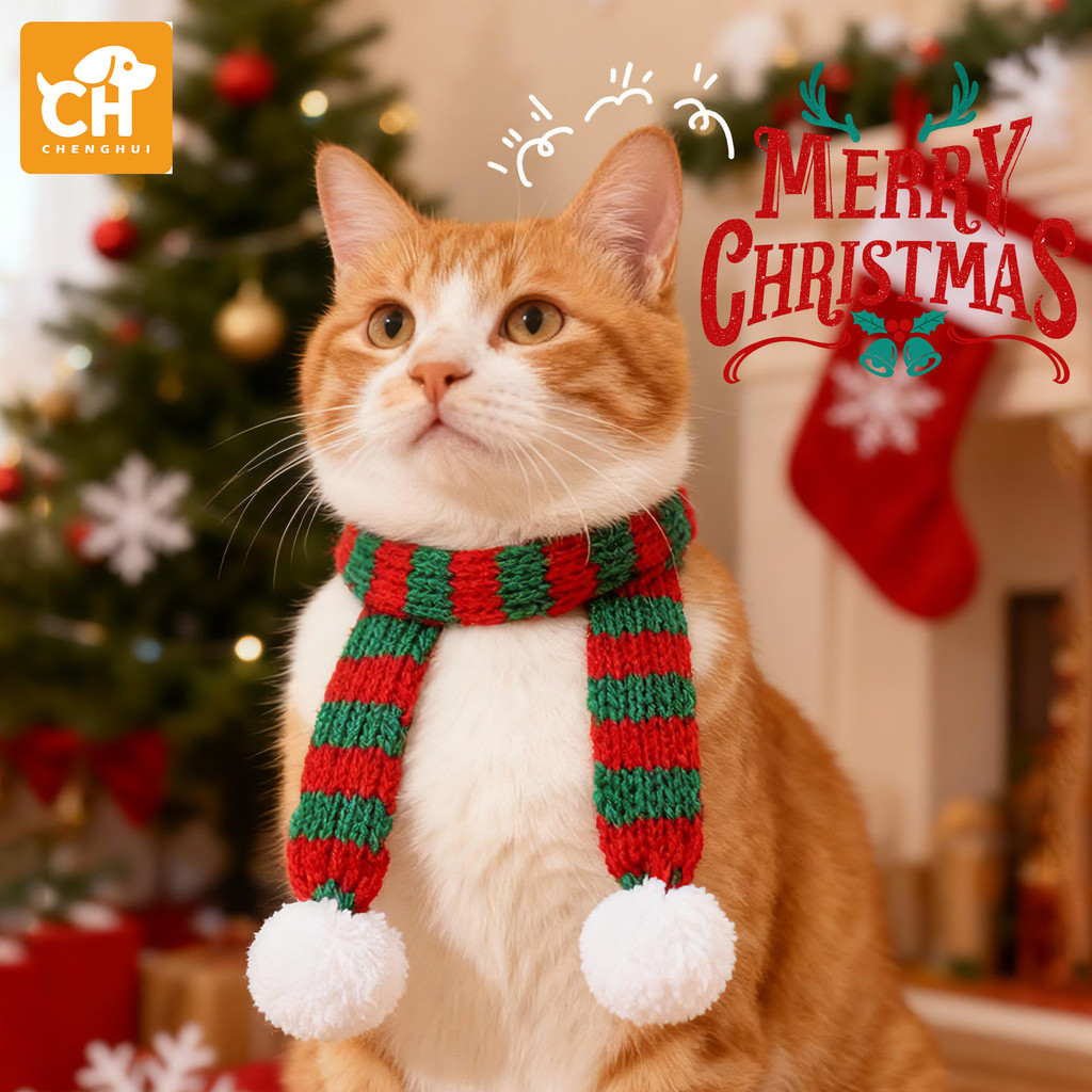 Tail Planet COD  Syal Rajut Natal untuk Kucing dan Anjing, Poliester, Hiasan Pom-pom, Aksesori Maina