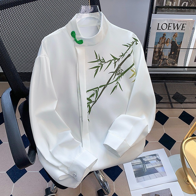 Pakaian Pria Gaya Cina Baru Kemeja Cetak Bambu Hijau Gaya Cina Lengan Panjang Pria