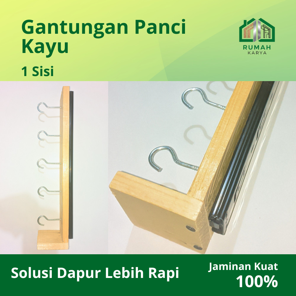Gantungan Dapur Kayu Natural 40 cm – Rak Gantungan Panci – 1/2 Sisi – Pilihan 5/6 Hook
