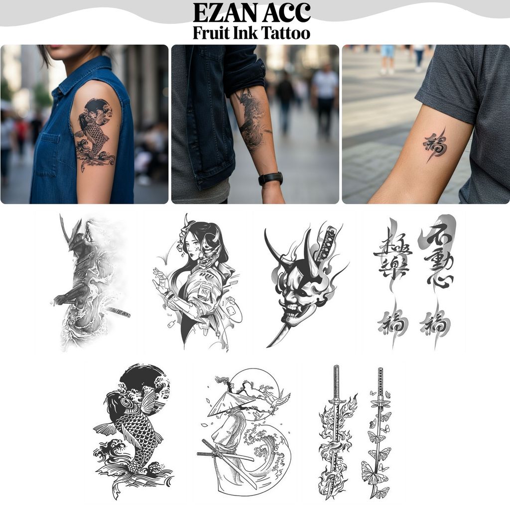Stiker Tato Temporer Fruit Ink 11x18cm – Desain Oni Mask, Samurai, Katana & Wave Art | Tahan Lama & 