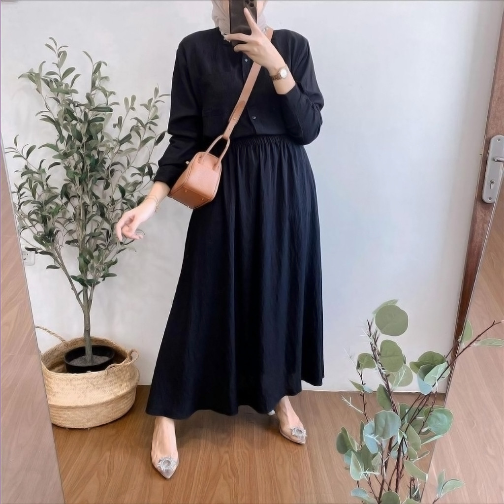 Setelan Rok Kemeja Tabir Collection Delisha Bahan Polo Linen Premium Enamosa Keren