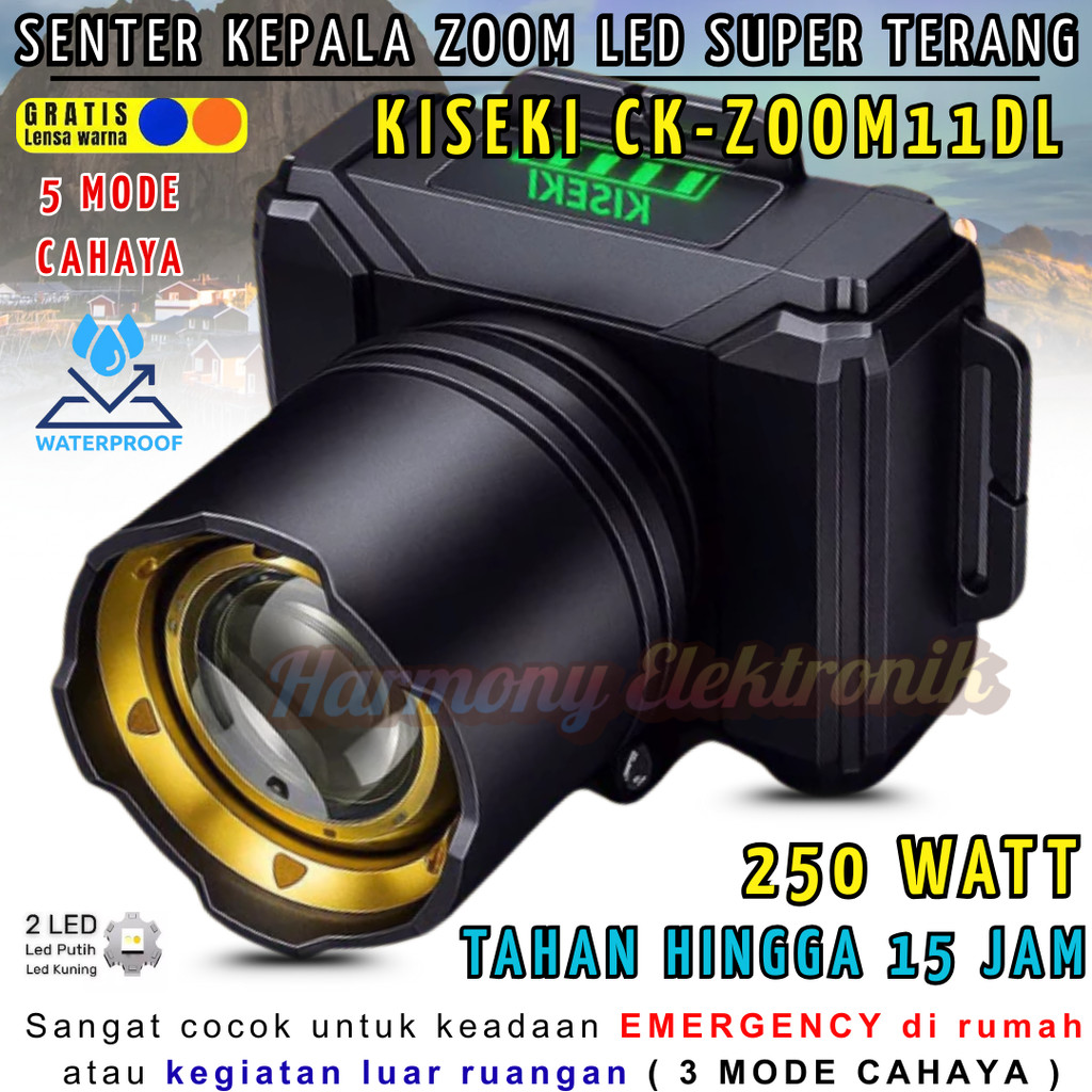 promo toko Headlamp Kiseki / Senter Kepala Dua Warna Cahaya Ck-Zoom 11dl 250watt Kapasitas  Baterai 