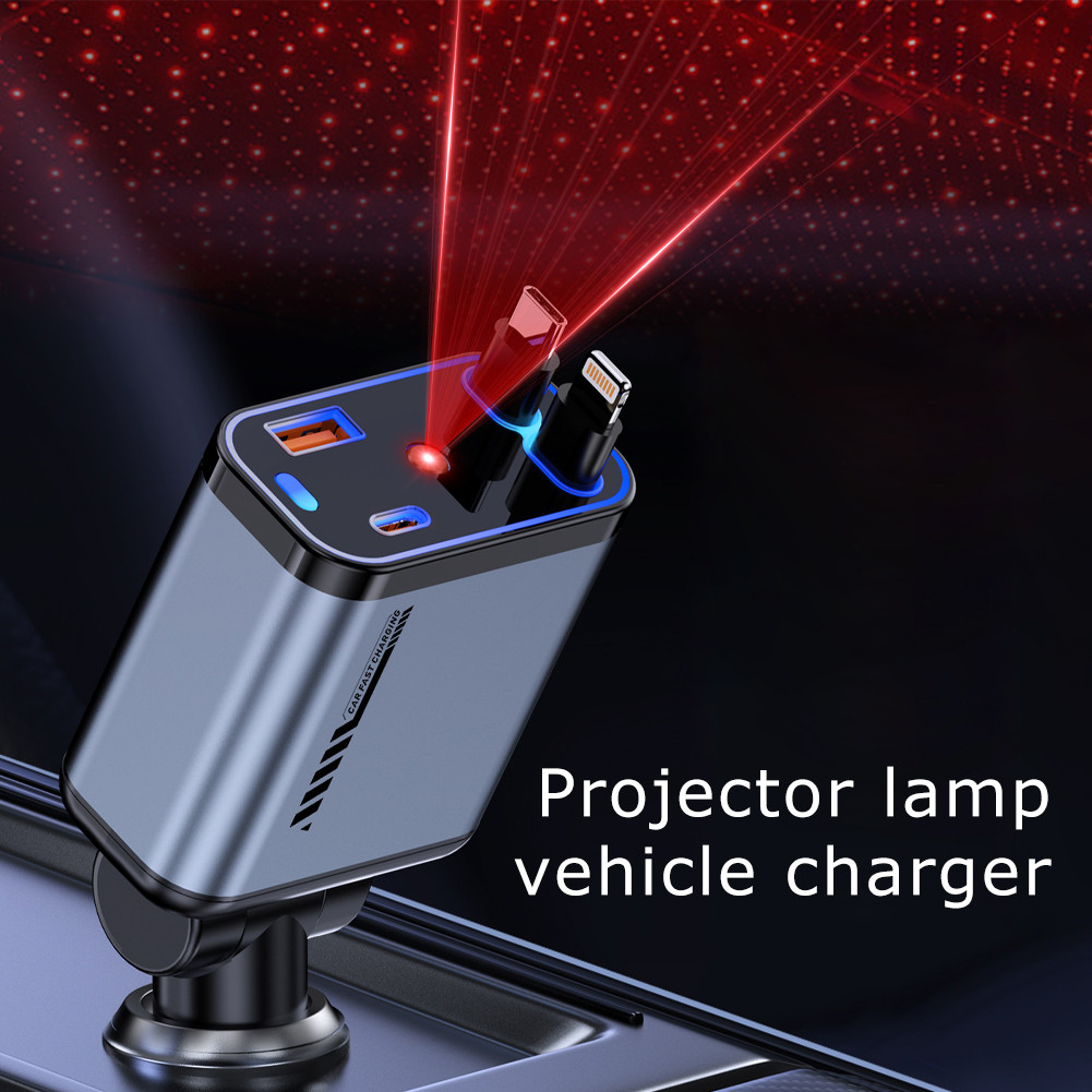 Pengisi Daya Mobil Multiport 120W dengan Proyeksi Nebula & Port USB Type C + IOS Connector