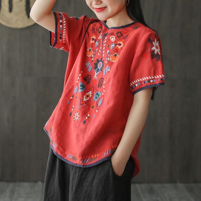 Blus Linen Merah Gaya Etnik Artistik Longgar Katun Linen Bordir Retro Baru