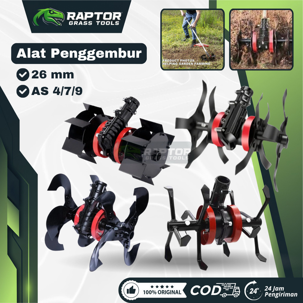 RAPTORGT New Tilling Head Alat Penggembur Tanah untuk Mesin Potong Rumput As 26/ AS 9,7,4 Model Luru