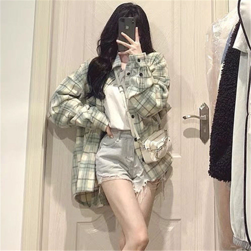 Kemeja Kotak-kotak Wanita - Kenakan Jaket Liontin Longgar