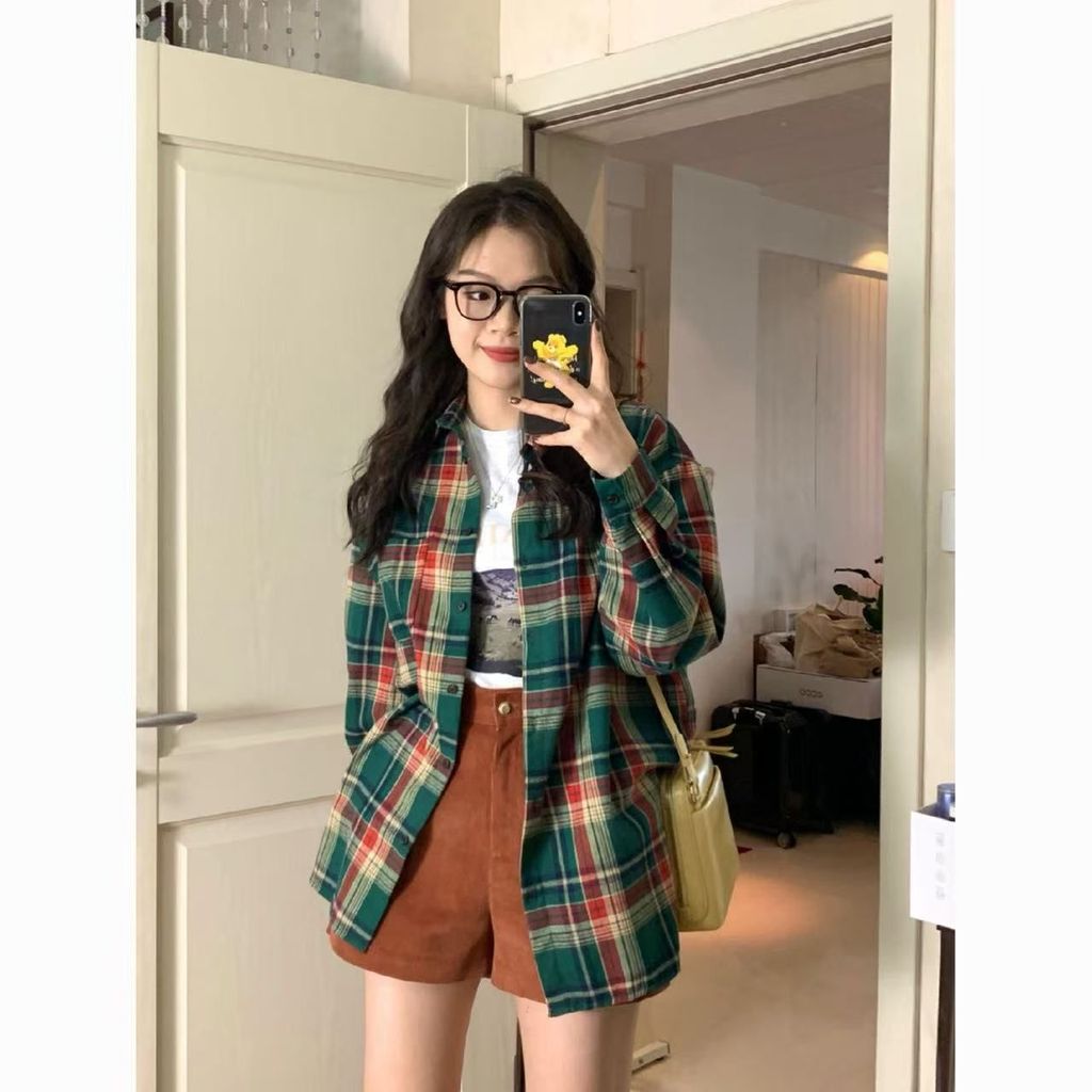 Kemeja Vintage Kemeja Kotak-kotak Wanita - Jaket Atas Lengan Panjang