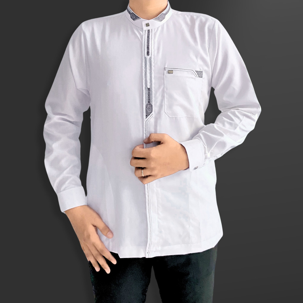 COMELLSHOP Baju Koko Putih Lengan Panjang Manset Pria Dewasa Motif Bordir Simple Atasan Muslim M L X