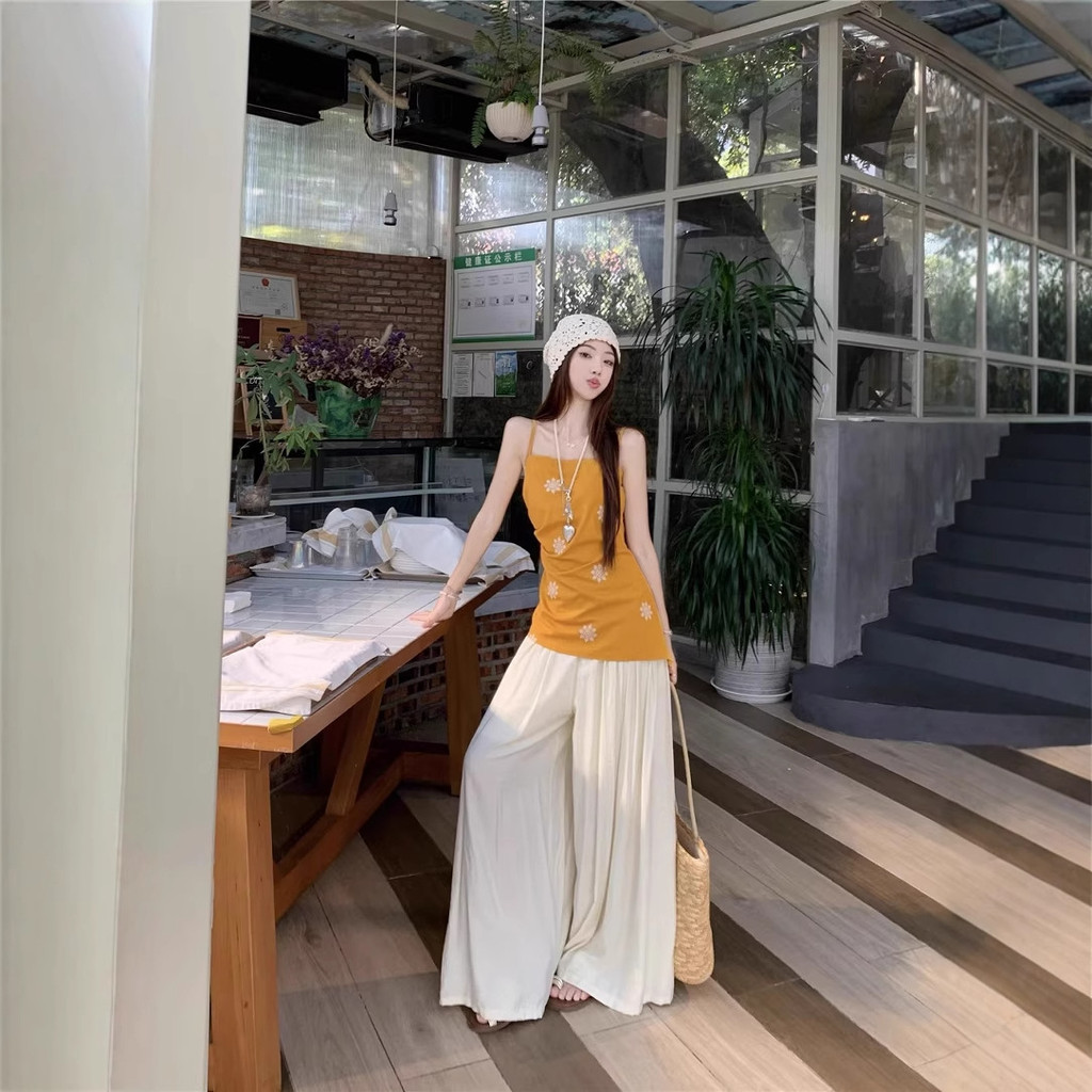 [PickMe Shop] Atasan kamisol kuning gaya Prancis dengan lengan bermotif bunga