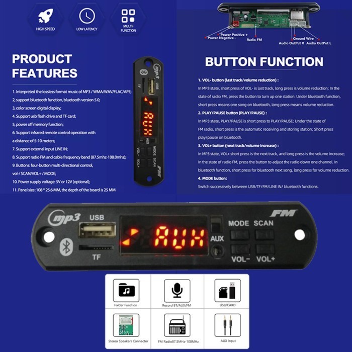 Kit Modul Mp3 Bluetooth 12 Volt B091