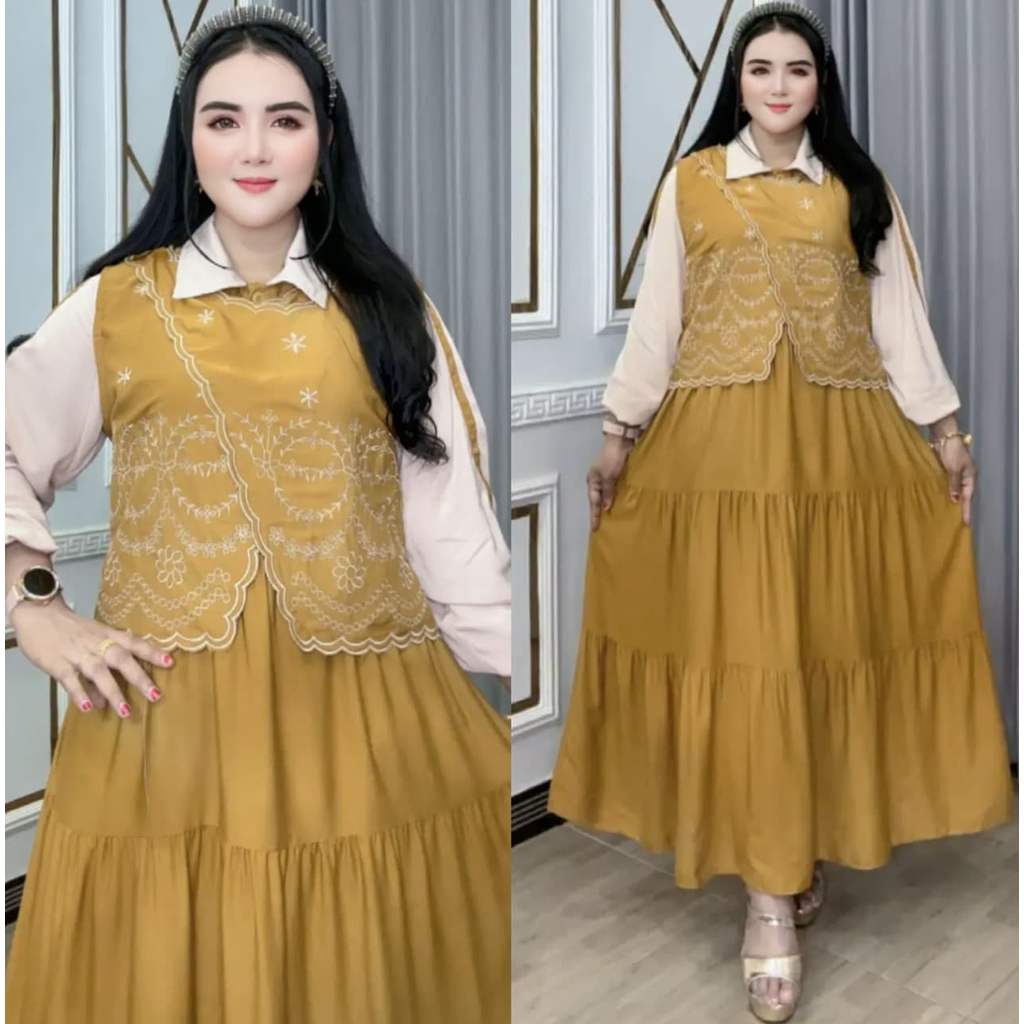 Midi Dress Wanita – Pakaian Rompi Bordir Orliva 0206 3761 Rayon Twill Busui Kancing Aktif Lengan Pan