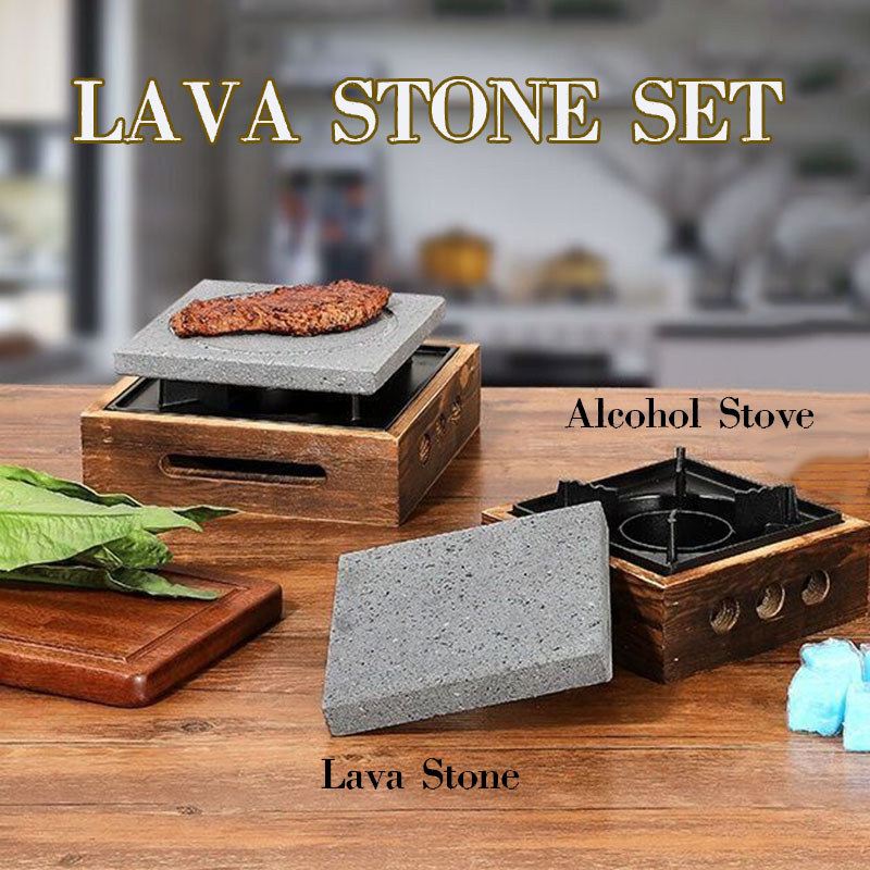 Japanese Lava Cooking Stone with Alcohol Stove Set Steak Hot Stones Indoor Grill Sizzling Hot Steak 