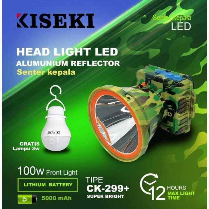 Senter Kepala LED Super Terang Loreng King 100 Watt Kiseki CK-299 Cahaya Putih Senter Kepala Cas CK-