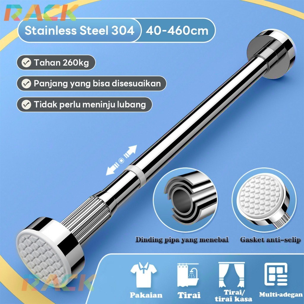 (Moduno) Stainless Steel Tiang Gorden Batang Tirai Fleksible Tanpa Paku Gantungan Serbaguna Tongkat 