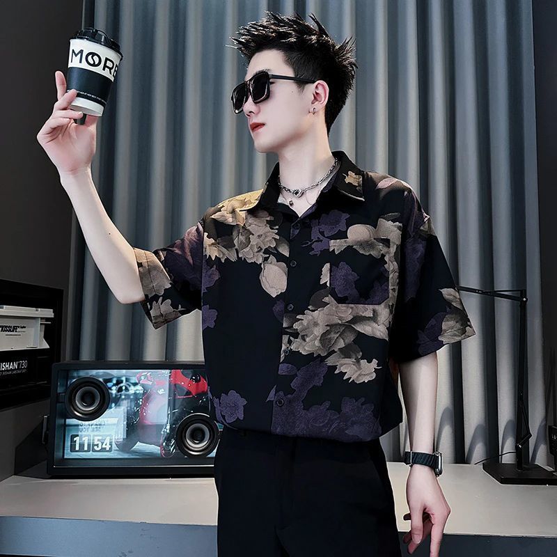 Kemeja retro kasual Cina cetak pria jaket, mantel, jaket