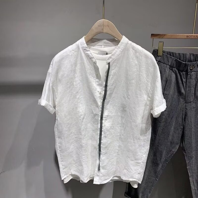 Kemeja Linen Longgar Pria - Leher Stand-Up Lengan Pendek Tipis