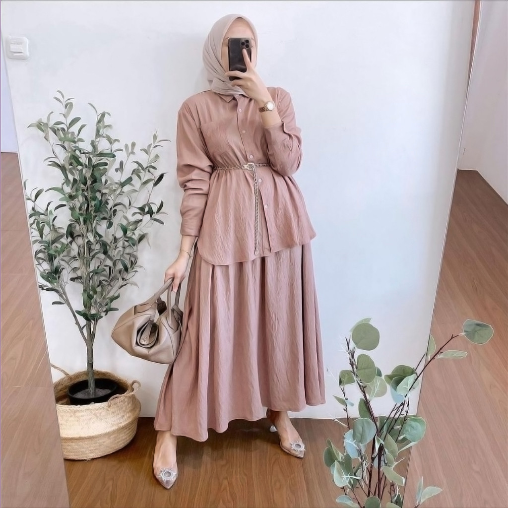 Setelan Rok Kemeja Harmoni1125 Delisha Bahan Polo Linen Premium Enamosa Keren