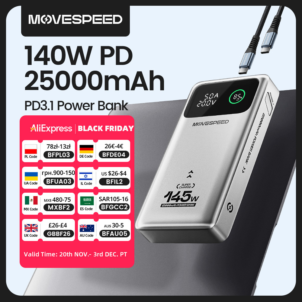 MOVESPEED M25Pro 140W Power Bank 25000mAh PD3.1 Fast arge Portable External Battery 100W Powerbank f