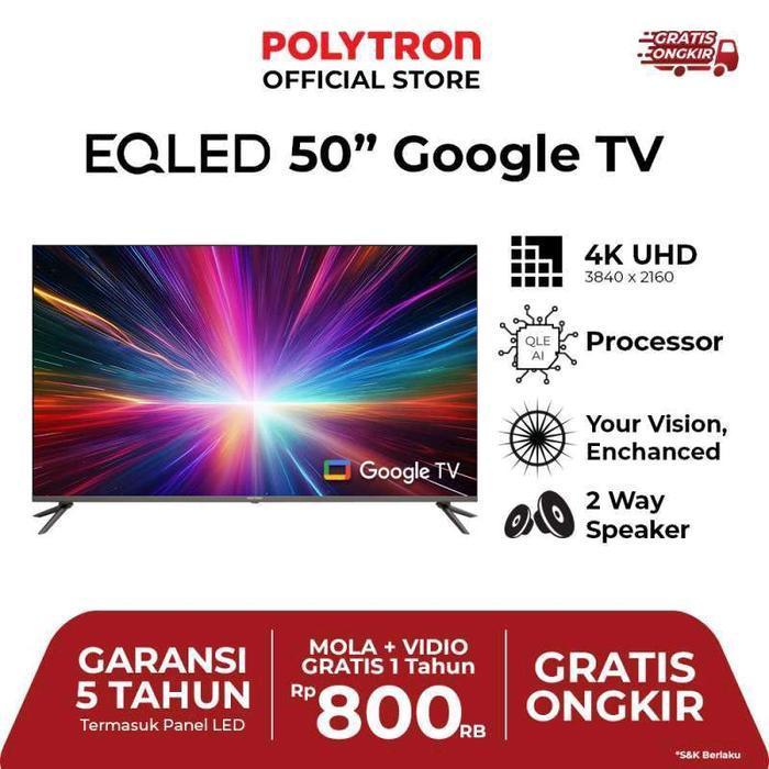 POLYTRON Smart Cinemax EQLED 50 Inch PLD 50QG9059 TV Google 4K UHD Processor 2 Way Speaker Garansi 5