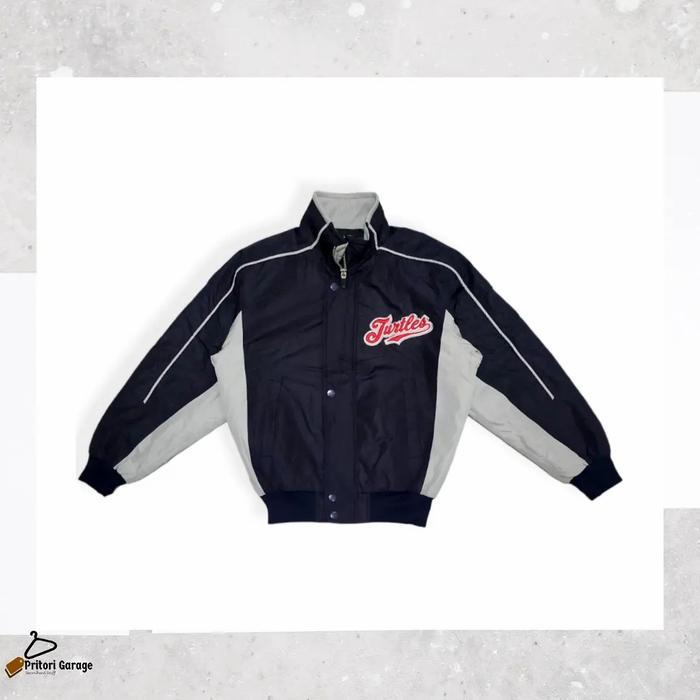 Bomber Varsity Baseball Jacket Asics Turtle Dark Navy Grey Color Block