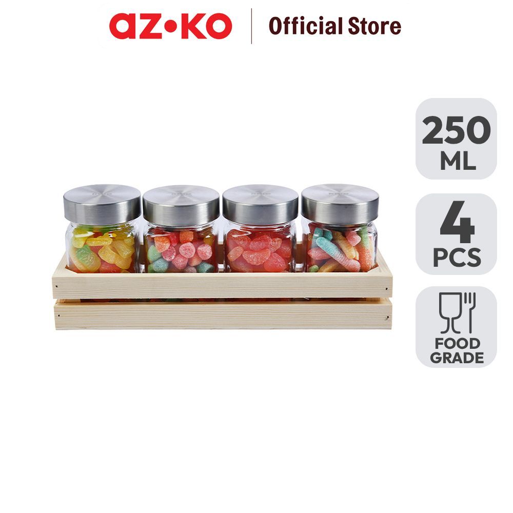 AZKO Picas 250 ml Set 4 Pcs Chile Tempat Bumbu Dapur Kaca Transparan Set Spice Jar Rack Tempat Penyi