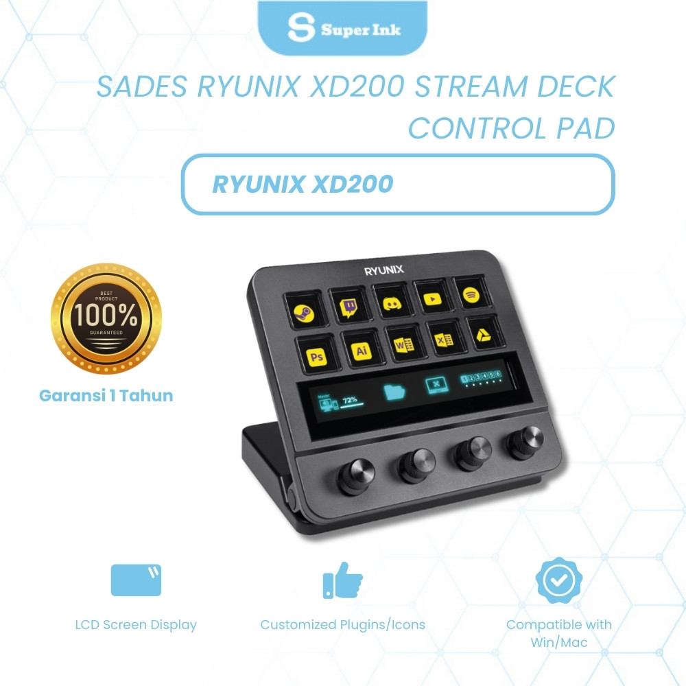 RYUNIX XD200 Stream Deck 10 Tombol LCD 4 Knob USB-C Wired Plugin Windows Mac