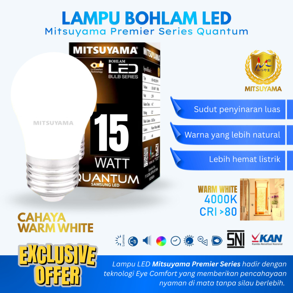 Lampu Bohlam LED 15 Watt Cahaya Kuning MItsuyama Quantum Lampu LED 15W Lampu Rumah Warna Kuning