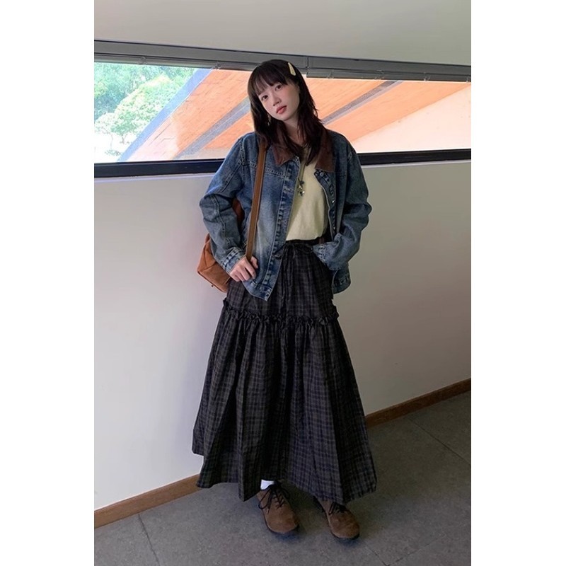 ChubChic COD Rok Midi Kotak-kotak Patchwork Retro Korea, Rok Panjang Longgar A-line