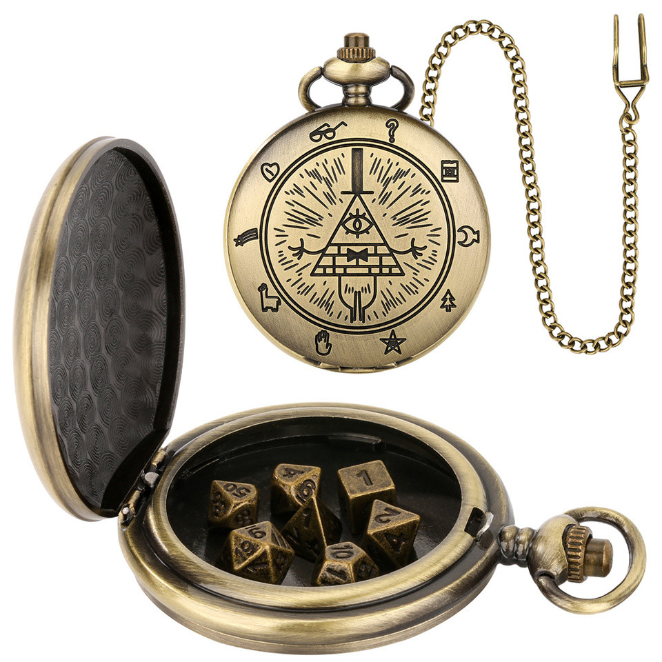 Vintage Bronze/Grey Black Pocket Watch Case with Mini Entertainment Dices Pocket Chain Birthday Gift