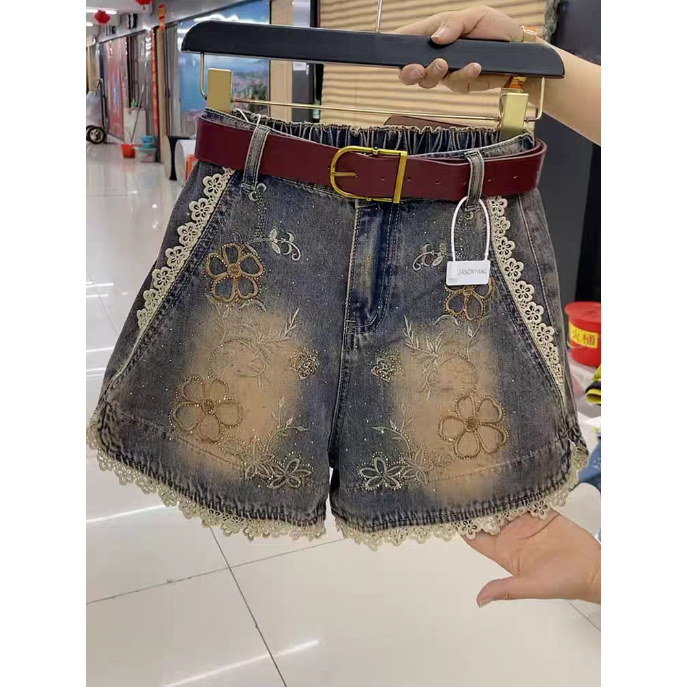 Celana pendek renda bordir bunga jeans wanita pinggang tinggi elastis longgar celana kaki lebar
