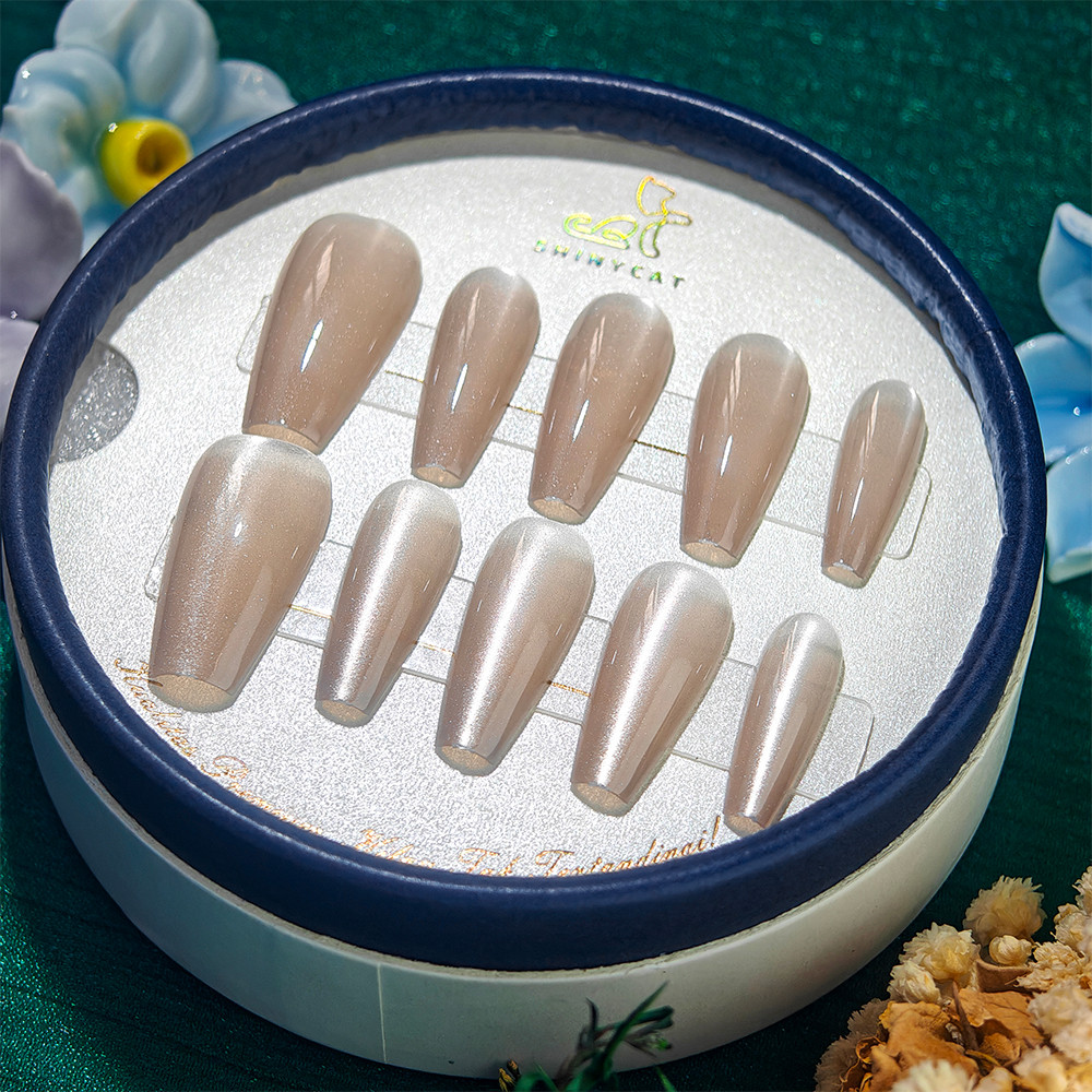 Kuku Palsu Seni kuku Mata Kucing Emas Muda Sampanye +Lem Nail Art