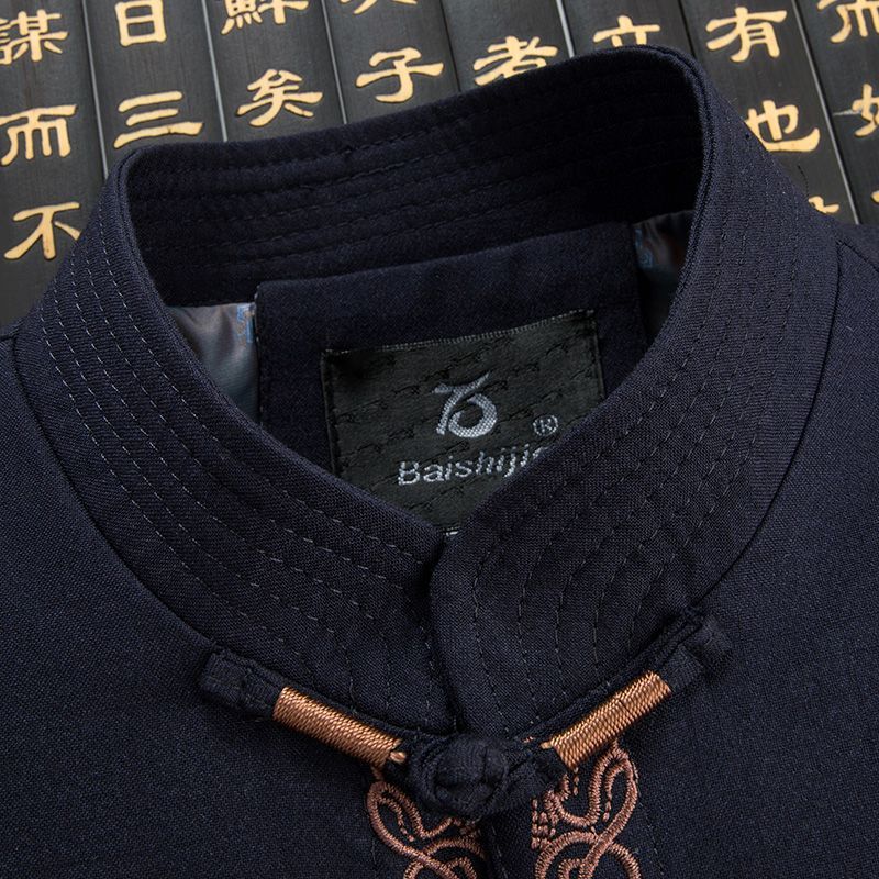 Jaket Tunik Pria Musim Gugur Setelan Ayah Jaket Lansia Bordir Gaya China Kakek