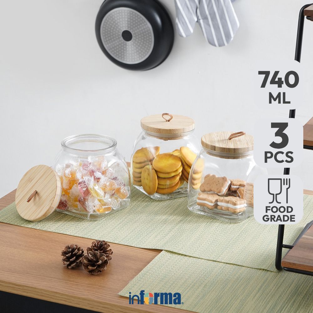 Informa Set 3 pcs Wiley Stoples Kaca Jar Tempat Simpan Snack Dan Permen Setoples Toples Serbaguna Pe