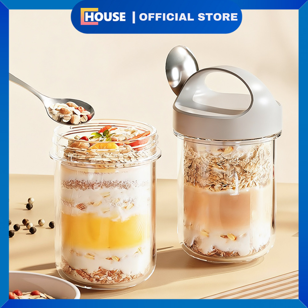 UHOUSE Gelas Kaca 350ml dengan Tutup & Sendok / Jar Salad / Jar Oat Praktis untuk Bekal & Meal Prep