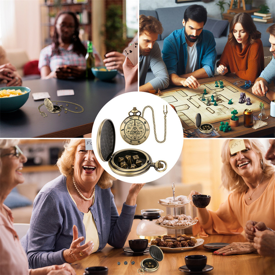 Vintage Bronze/Grey Black Pocket Watch Case with Mini Entertainment Dices Pocket Chain Birthday Gift