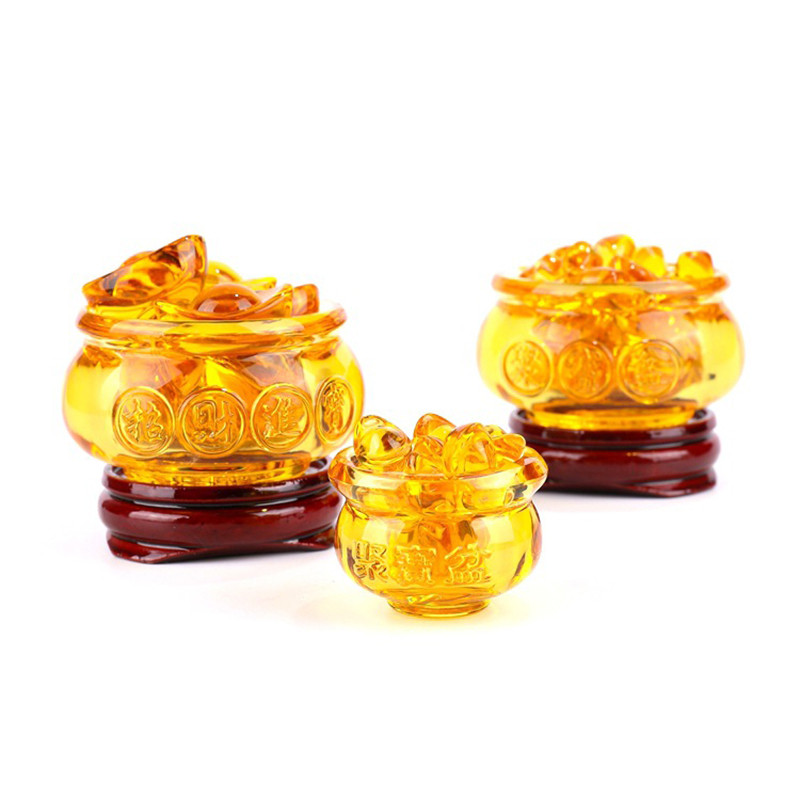 Feng Shui Chinese Crystal Gold Ingots, Yellow Wealth, Cornucopia Treasure Bowl, Statue Decoration