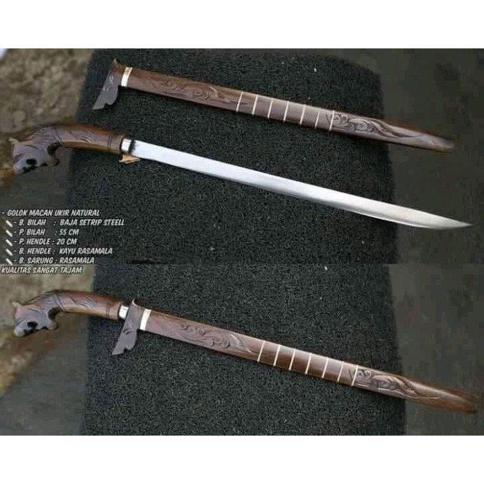 COD Pisau sembelih barlen ukiran macan panjang 100cm kayu mala siap pakai