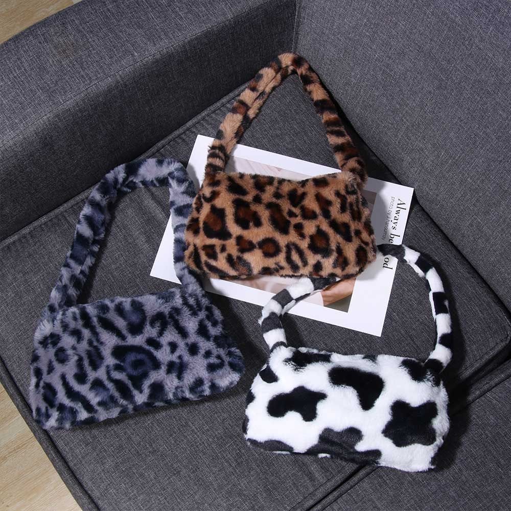 Fashion Soft Faux Fur Plush Underarm Handbag Cow Print Leopard Print Mini Shoulder Bag Faux Fur Purs