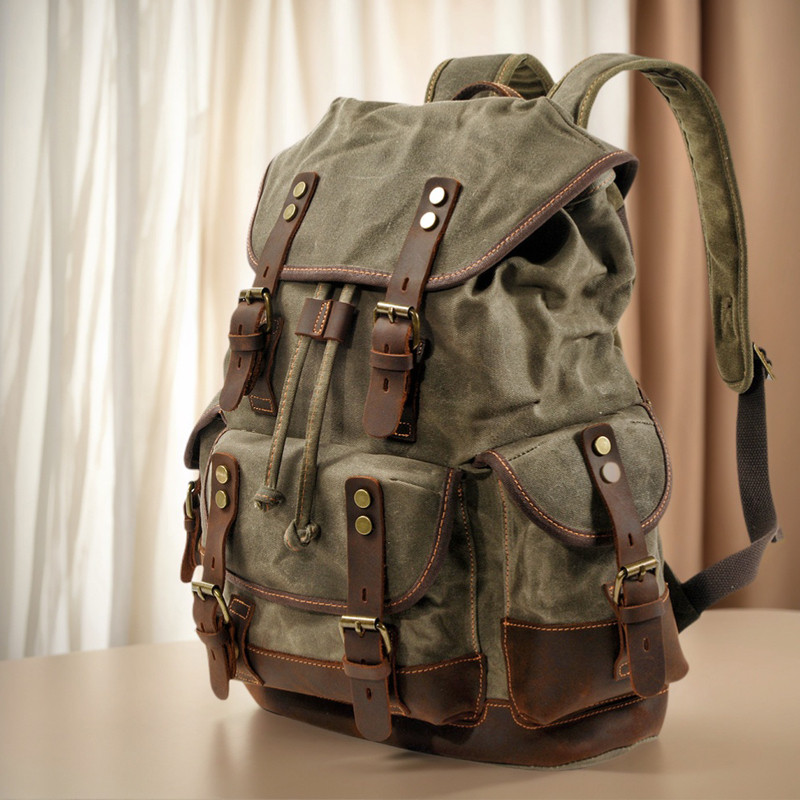Heavy Duty Vintage Rucksack Waxed Canvas Computer Travel Pack Waterproof Men's Hiking Motorcycle Mou