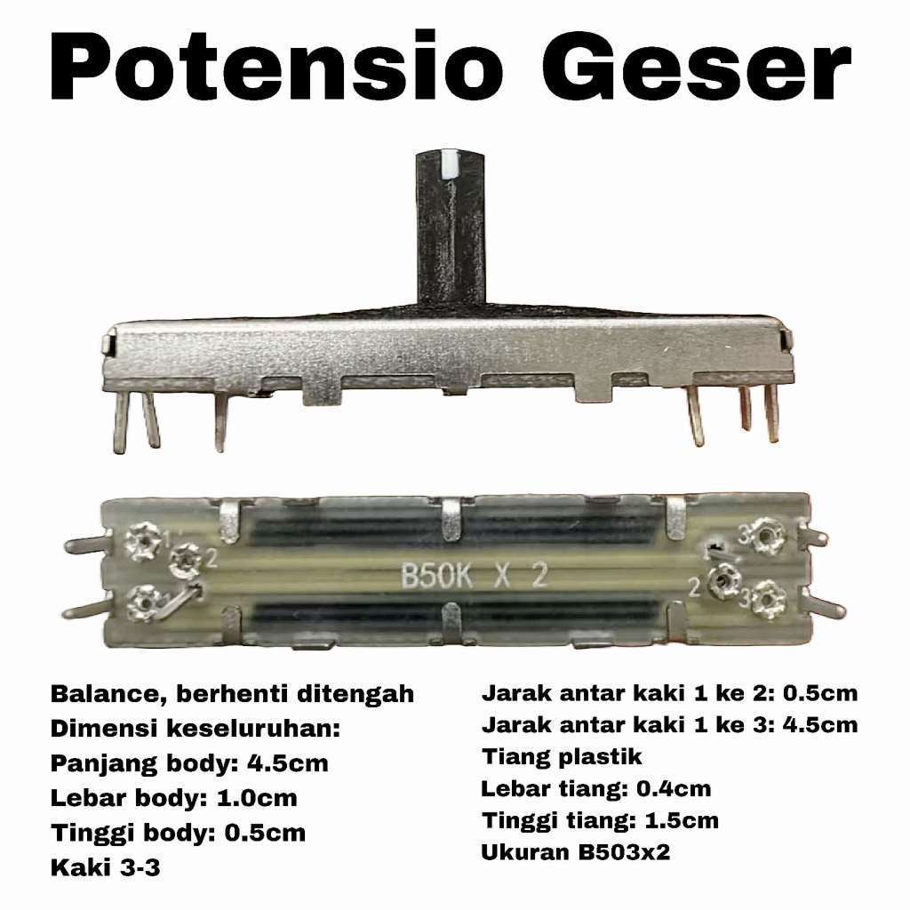 Potensio Geser Balance 4.5cm 6 pin B50k Stereo Kaki 3-3 Slide 4.5 cm Mixer 503